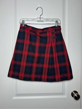 Lands’ End Girls 16 Red Navy Plaid School Uniform Kilt Skirt